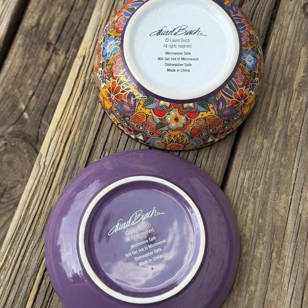 Laurel Burch Cat Floral Ceramic Plate & Bowl Set of 2 Purple 6” - Picture 9 of 14